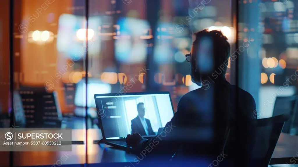 Modern Business Person in Virtual Meeting Conferencing Room with Digital Screens and Soft Lighting.