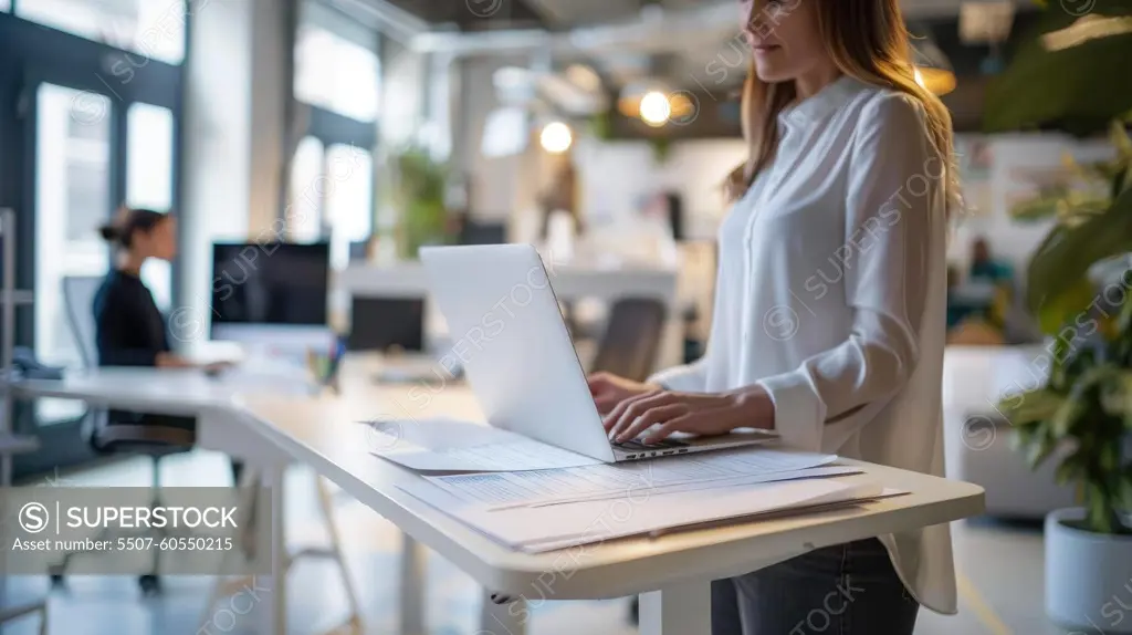 Productive Business Professional Reviewing Documents on Laptop at Standing Desk in Modern Office with Blurred Background of Coworkers.