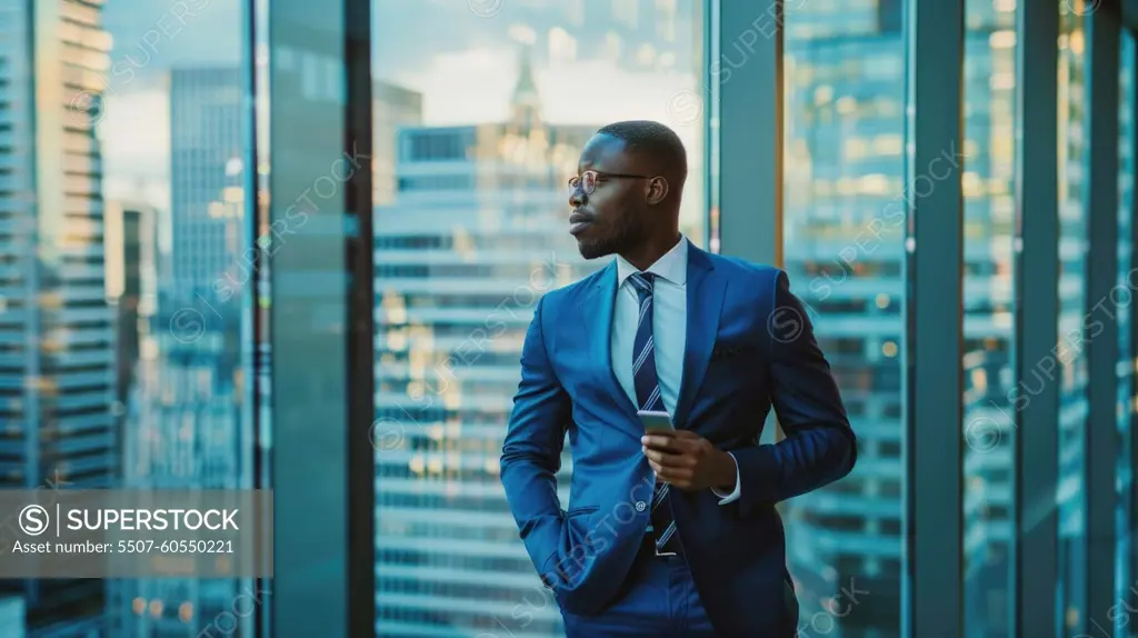 A man in a suit and tie is standing in front of a window in a high rise building. He is holding a cell phone in his hand