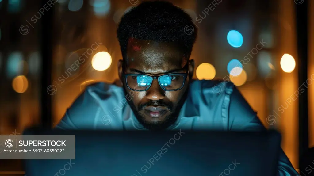 Stressed Business Professional in Tense Office Scene with Dramatic Lighting and Blurred Background..