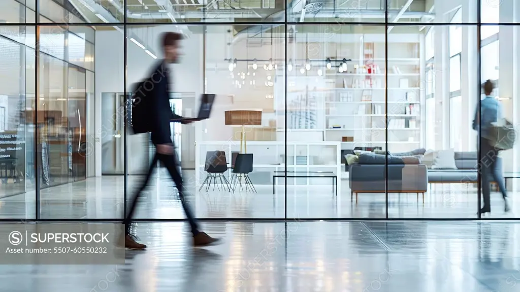 Modern Business Professional Walking Through Contemporary Office with Laptop in Motion Blur, Energetic and Stylish Scene.