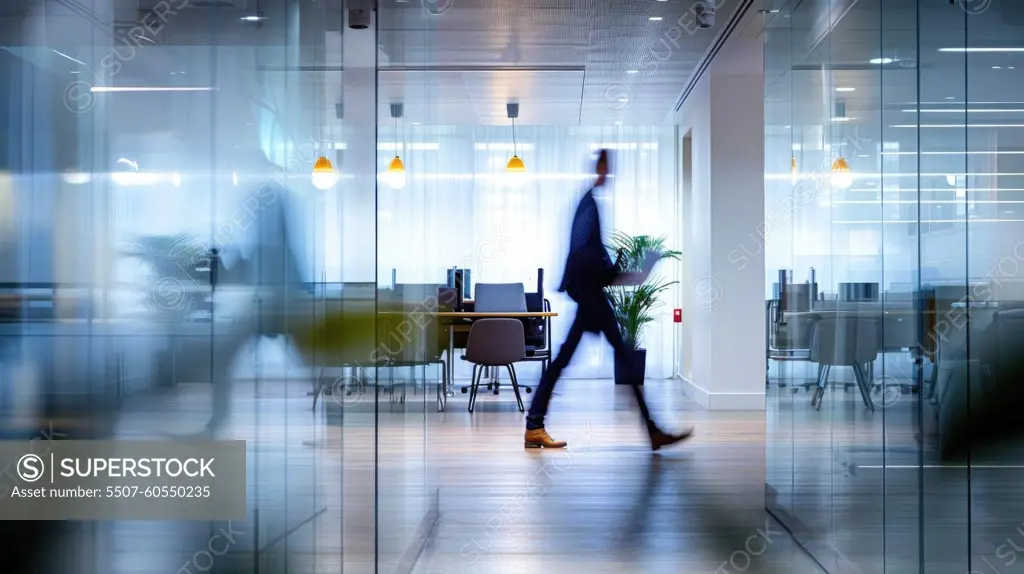 Energetic Business Professional Walking Through Contemporary Office with Laptop in Motion Blur Effect.