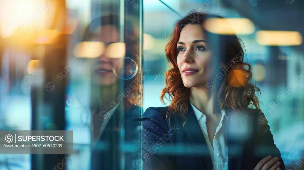 Confident businesswoman standing in front of a window in a high rise building.