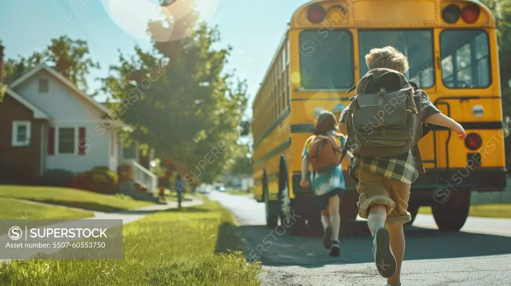 Excited kids boarding yellow school bus in suburban setting, Back to school concept with copy space.