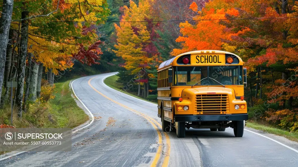 Bright yellow school bus on country road with fall foliage, Back to school concept.