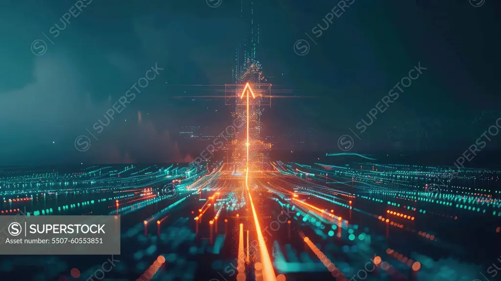 A glowing up arrow cutting through digital financial data, Representing business growth and innovation, A glowing arrow pointing upwards.