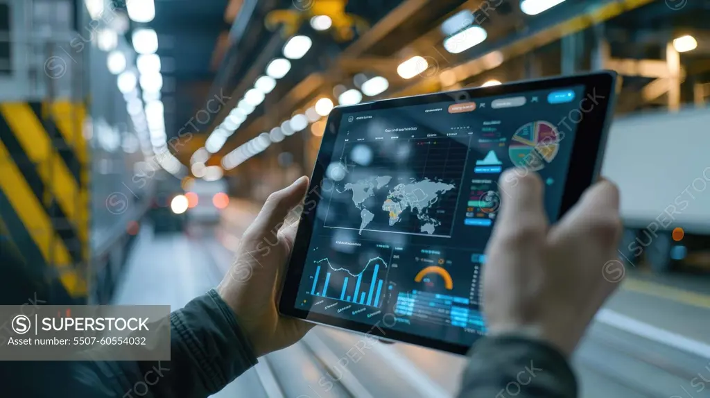 A person is holding a tablet with a map on it. The map is showing a lot of data and the person is looking at it intently