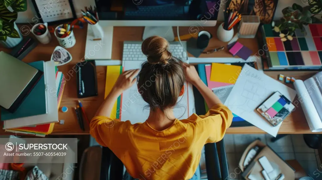 A woman is sitting at a desk with a yellow shirt on and a computer monitor in front of her. She is surrounded by various items such as a keyboard, a mouse, a cup, a bowl, a book, and a laptop