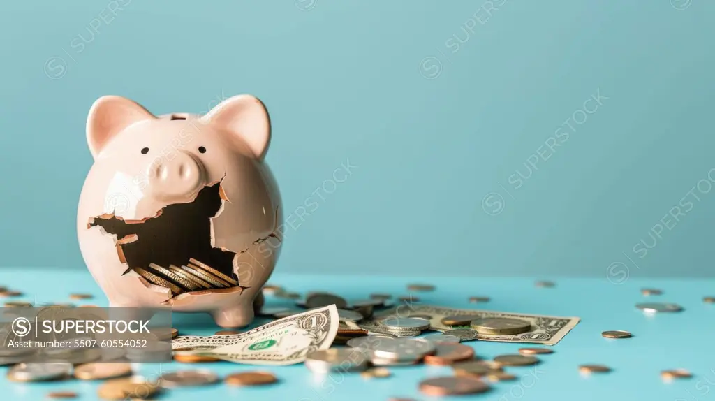 A piggy bank is shattered and has coins scattered around it. The broken piggy bank and the coins on the ground suggest that someone has been trying to save money but has failed