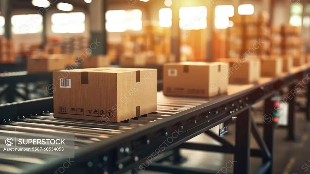 A conveyor belt with boxes on it. The boxes are brown and have a bar code on them