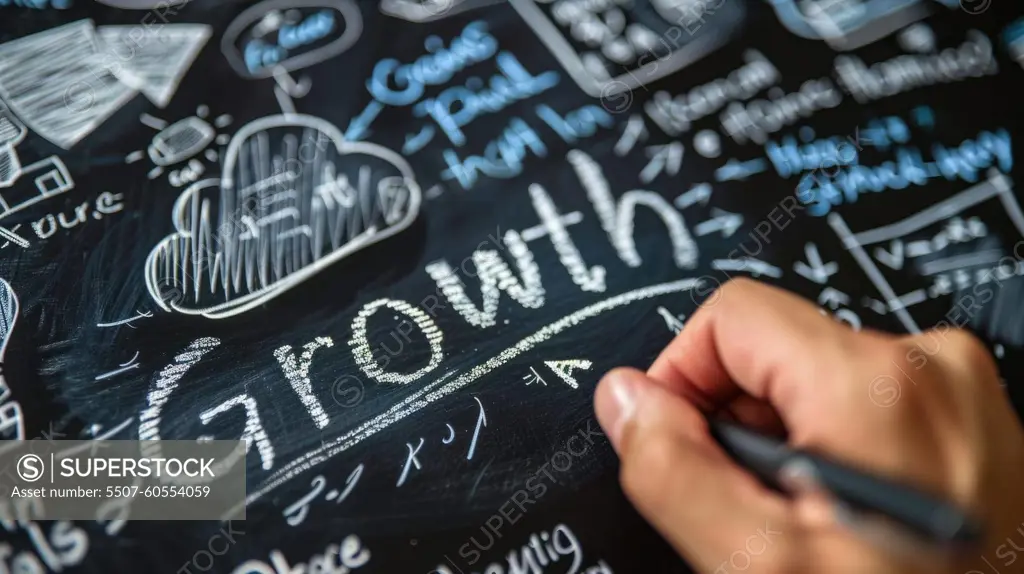 A hand is writing the word growth on a chalkboard. The chalkboard is filled with various drawings and diagrams, suggesting that the person is creating a visual representation of the concept of growth