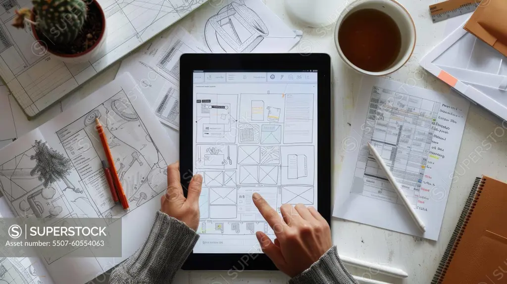 A person is using a tablet to draw a floor plan. The tablet is placed on a table with various papers and pens. The person is focused on the tablet, possibly working on a project or creating a design