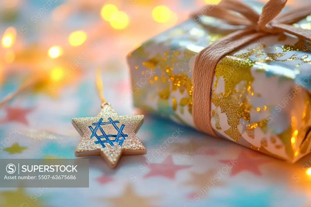 Star of david decoration rests on a colorful table near a wrapped gift with twinkling lights in the background