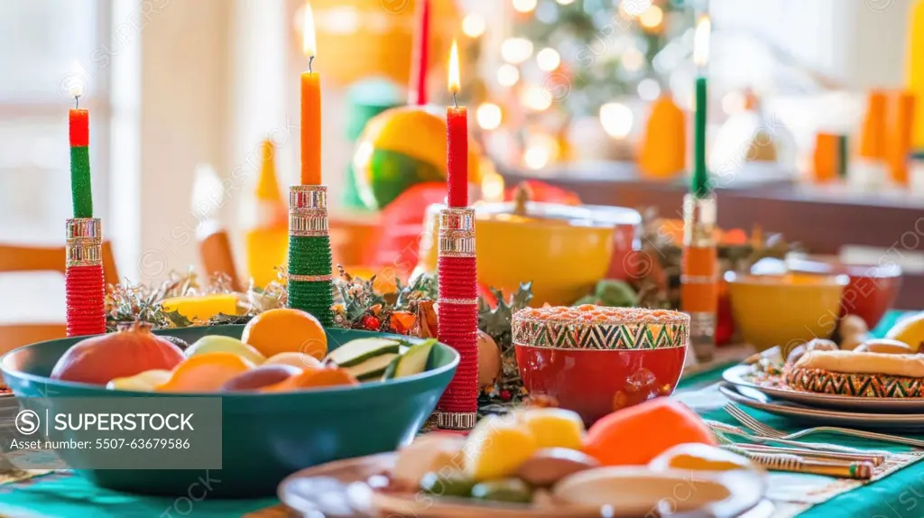 Close up of a christmas dinner table setting with candles and fruits displaying kwanzaa colors of red, green and yellow