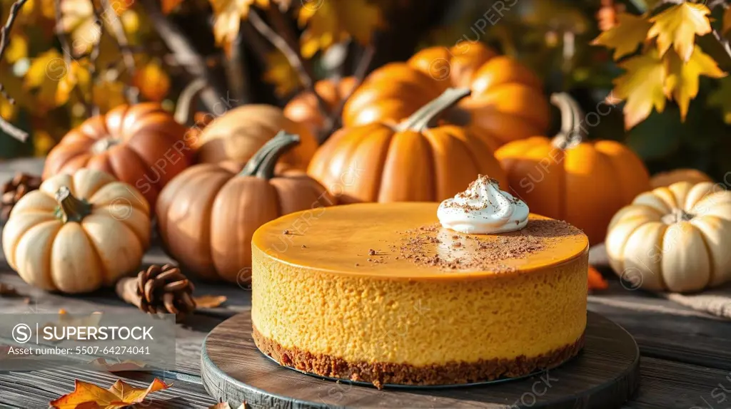 A beautifully crafted pumpkin cheesecake rests on a wooden table amidst vibrant autumn leaves and pumpkins, creating a cozy fall atmosphere perfect for seasonal celebrations.