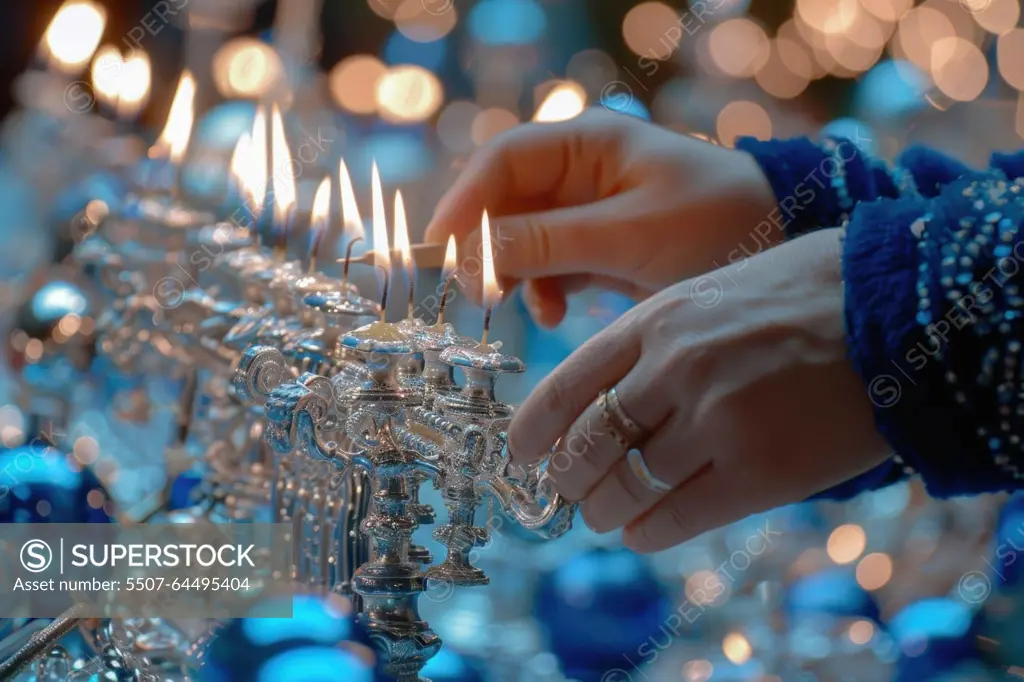 Hands light the menorah candles for the first night of hanukkah. a warm glow illuminates the silver menorah, surrounded by blue and white festive decorations, capturing the essence of the celebration.