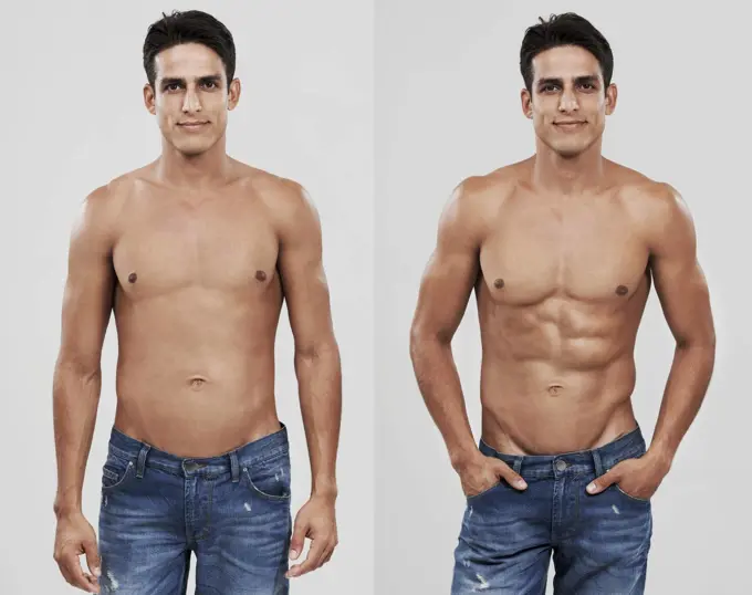 From ordinary to extraordinary. Before and after shot of a man after dieting and exercising.