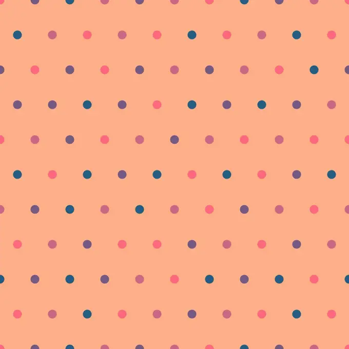 Colorful polka dot seamless pattern on peach orange background . Cute circles vector pattern in trendy vintage colors.