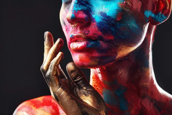 I am art. an unrecognisable woman posing alone in the studio with paint on her face.