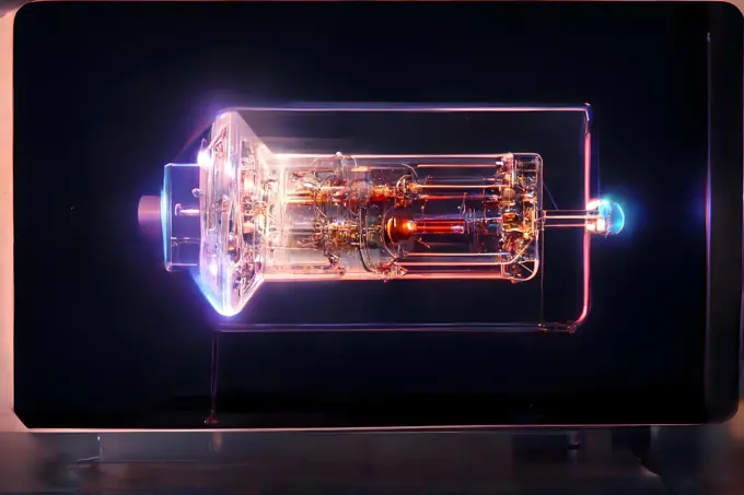 hight-tech plasma quantum computer tube with glowing energy inside, neural network generated art