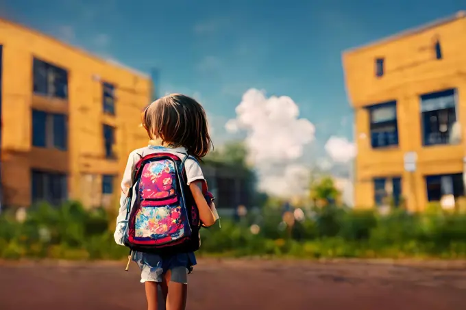 Back facing little girl with backpack looking at school building at sunny summer day, neural network generated image.