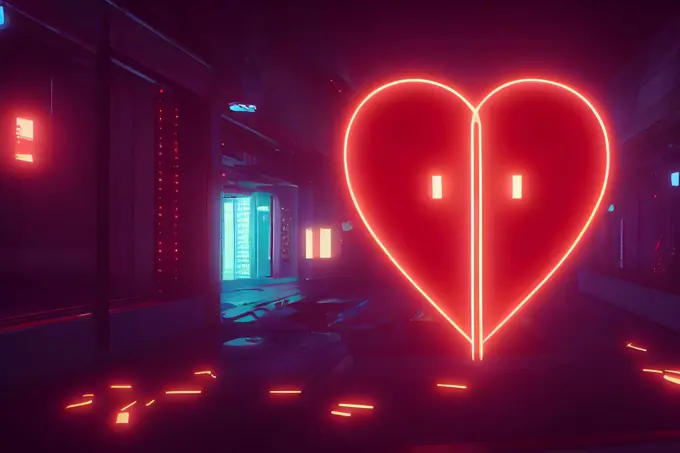 large red glowing heart on the wall in night club with dim lights, neural network generated art