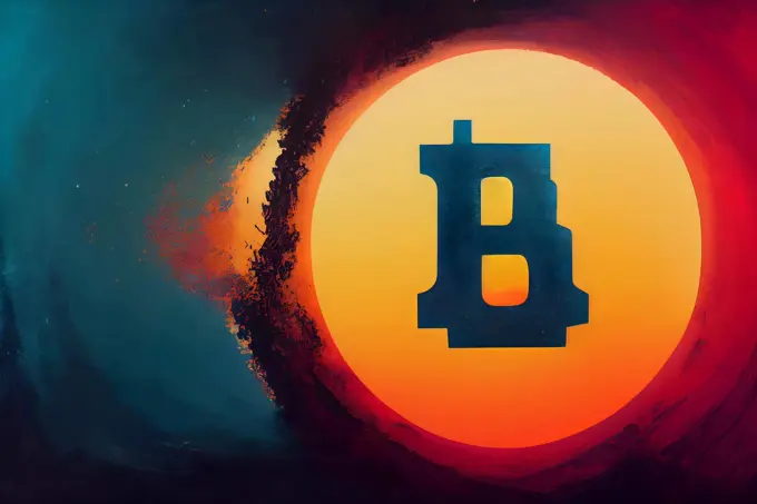 bitcoin sign as black letter B on yellow circle background, neural network generated art painting