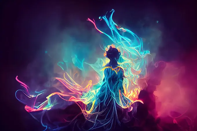 dreamy unrecognizable woman silhouette with colorful neon fumes, neural network generated art