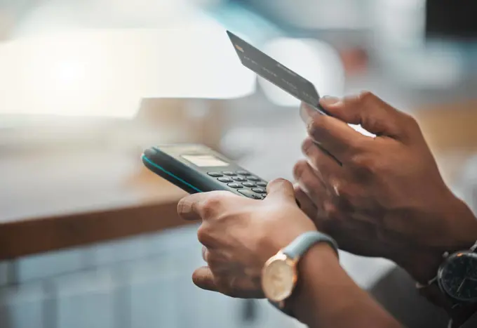 Credit card payment by a retail customer paying using digital technology after getting money from the atm. Finance, security and hands of business people shopping, nfc and buying at store for a sale