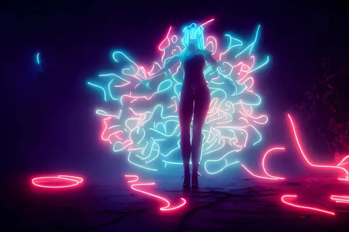 dreamy unrecognizable woman silhouette with colorful neon fumes ans conical witch hat , neural network generated art