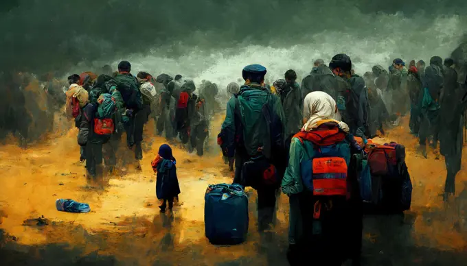 crowd of people with bags and backpacks walking - refugee crisis concept, neural network generated art