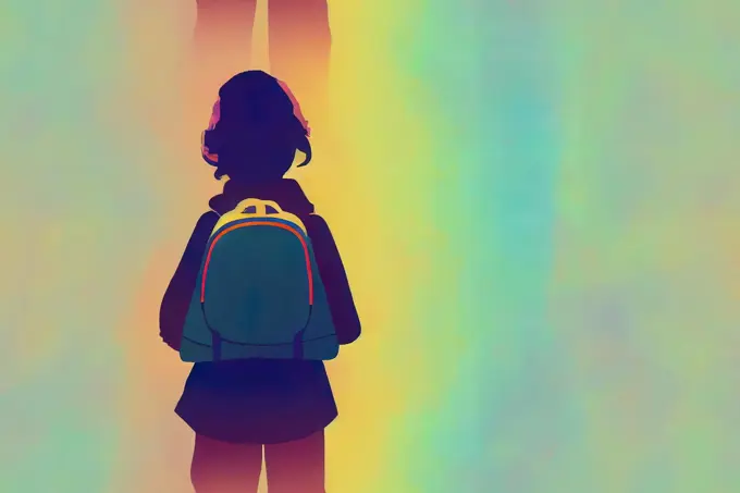 Back facing little girl with backpack looking at school