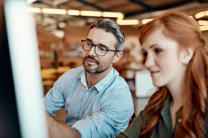 Working together, its just better. a young businesswoman and mature businessman using a computer together in a modern office.