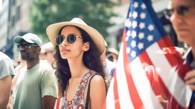 People holding the USA Flags celebrating July 4th Independence Day. Generative Ai.