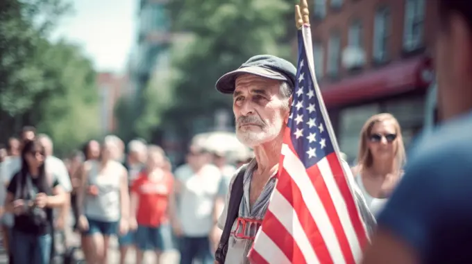 People holding the USA Flags celebrating July 4th Independence Day. Generative Ai.