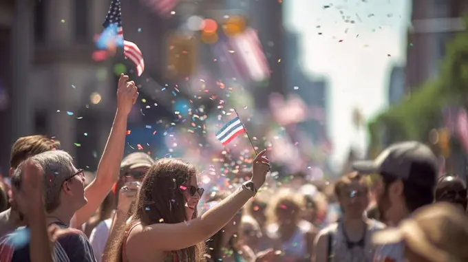 People holding the USA Flags celebrating July 4th Independence Day. Generative Ai.