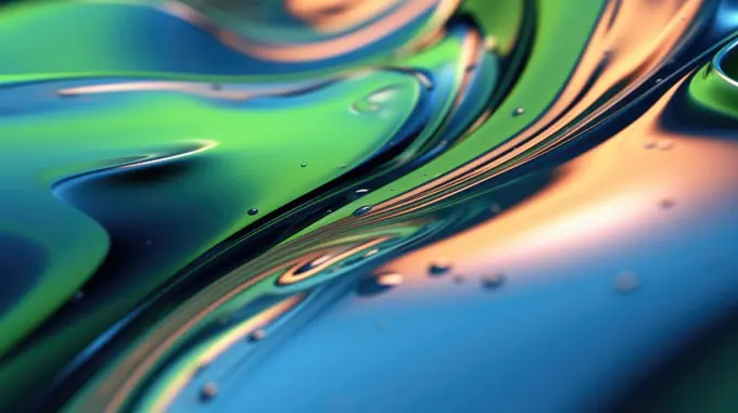 The close up of a glossy liquid surface in cool blue and green colors with a soft focus. Exuberant 3D illustration.