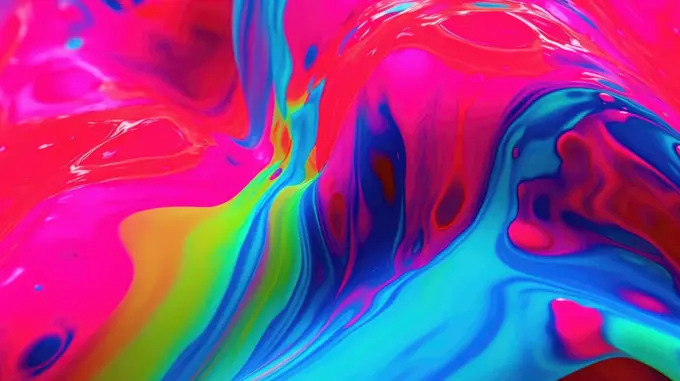 The close up of a glossy liquid surface abstract in hot pink, electric blue, and neon green colors with a soft focus. Exuberant 3D illustration.