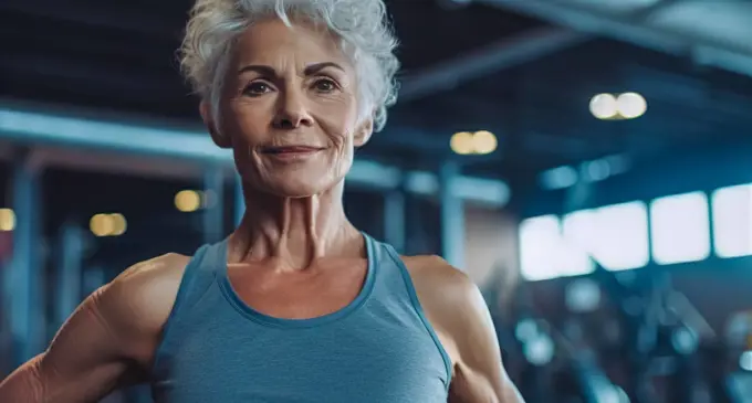 fitness grandmother in gym, concept of healthy lifestyle in advanced age, made with Generative AI