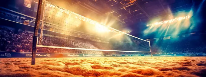 sandy beach volleyball courts, sports matches at sunset, banner made with Generative AI