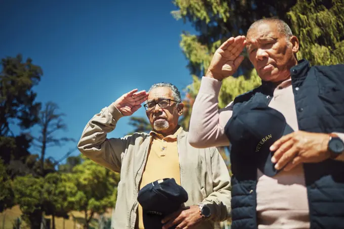 Salute, war veteran and men at cemetery to pay respect to fallen soldier outdoor at memorial service. Military, senior friends or salutation of army people for grief, support or empathy in retirement