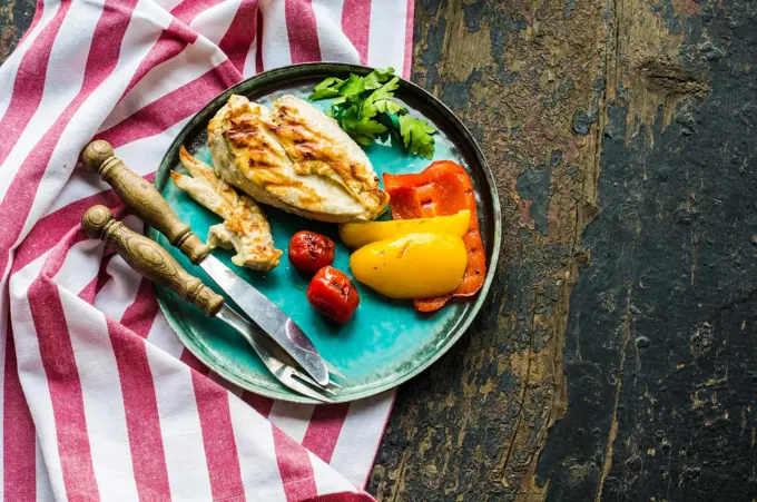 Healthy food on rustic table