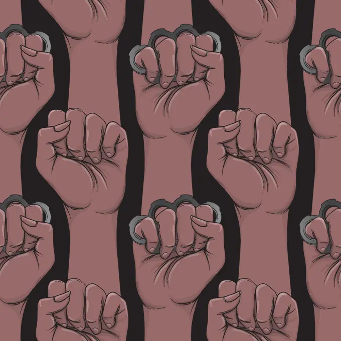 African woman's hand with brass knuckles. Fist raised up. Black Girl Power. Feminism concept. Vector illustration in brown colors isolated on black. Seamless pattern design.