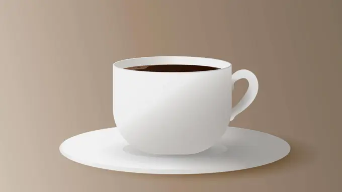 Realistic cup with coffee. Vector. White cup on a saucer side view. Espresso isolated on a white background.