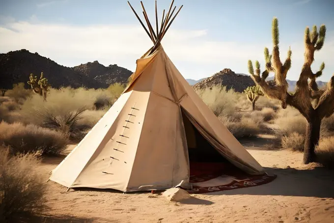 Native American tent in the desert at sunny summer day, neural network generated image