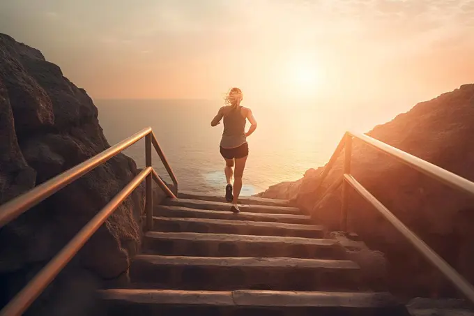 healthy lifestyle sports woman running on stone stairs on a cliff at sunrise, neural network generated image