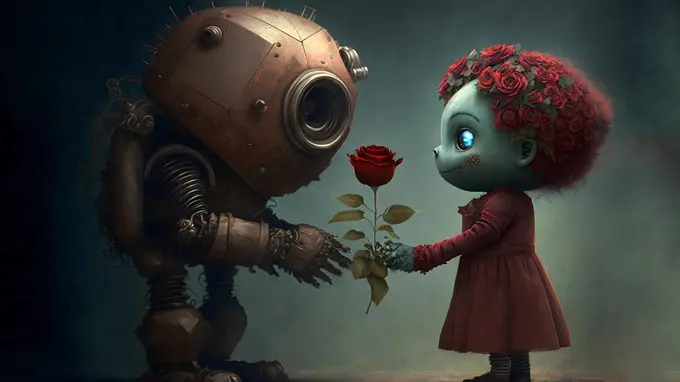 rusty anthropomorphic robot giving a rose to strange blue skin girl with flowers instead head hair, neural network generated art