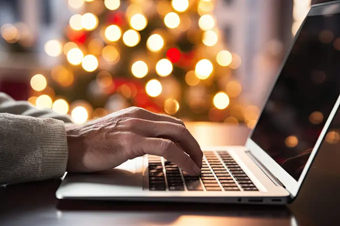 a person typing on a laptop computer with christmas