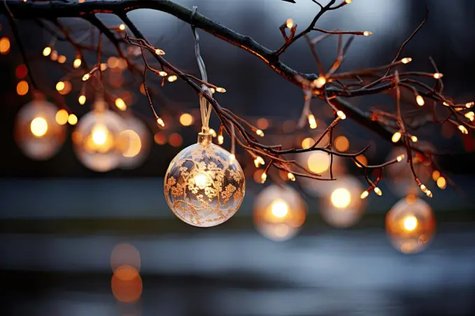 a tree branch with christmas lights hanging on it