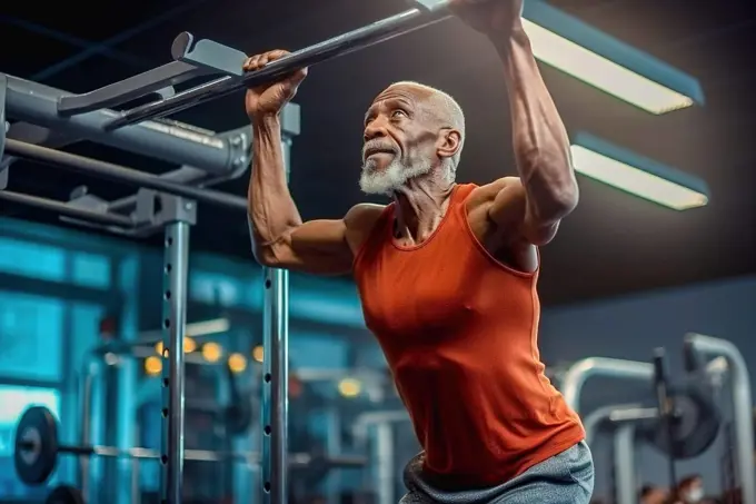 An old African American man goes in for sports with a gym. Healthy lifestyle